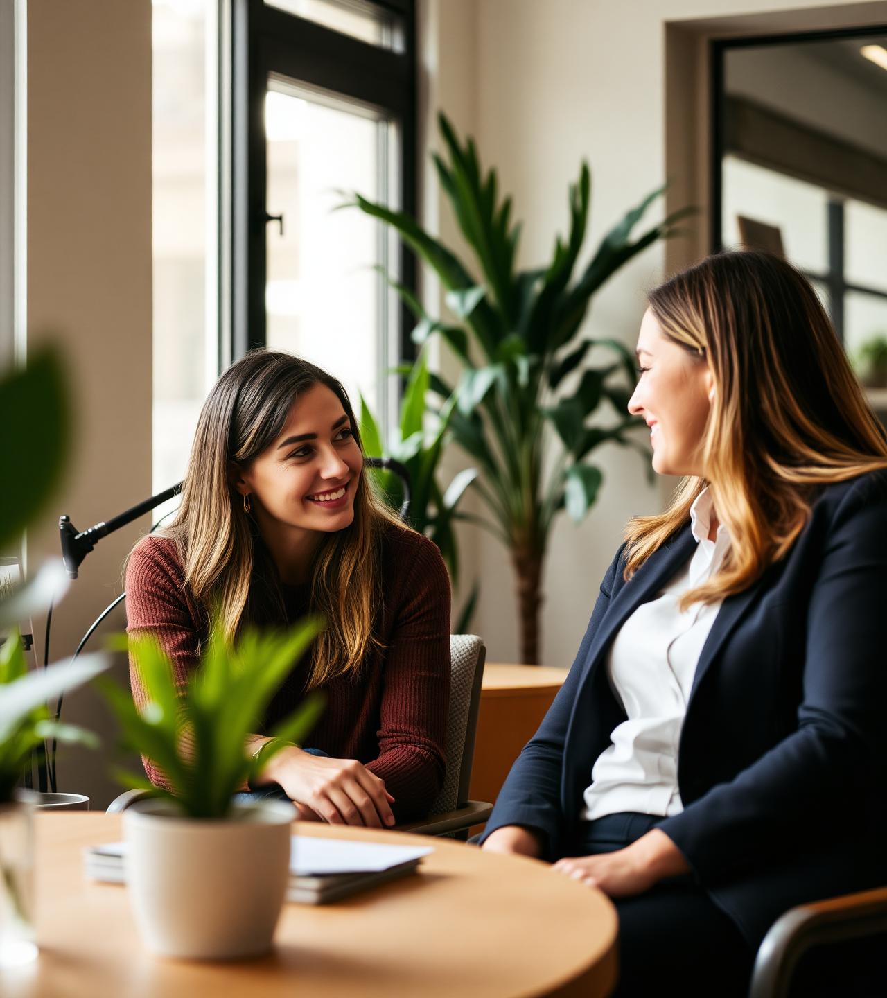 Duas pessoas numa conversa próxima e atenta, com escuta genuína